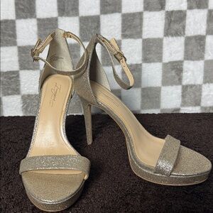 Vince Camuto Elegant Soft Gold Glittery Heels ankle strap